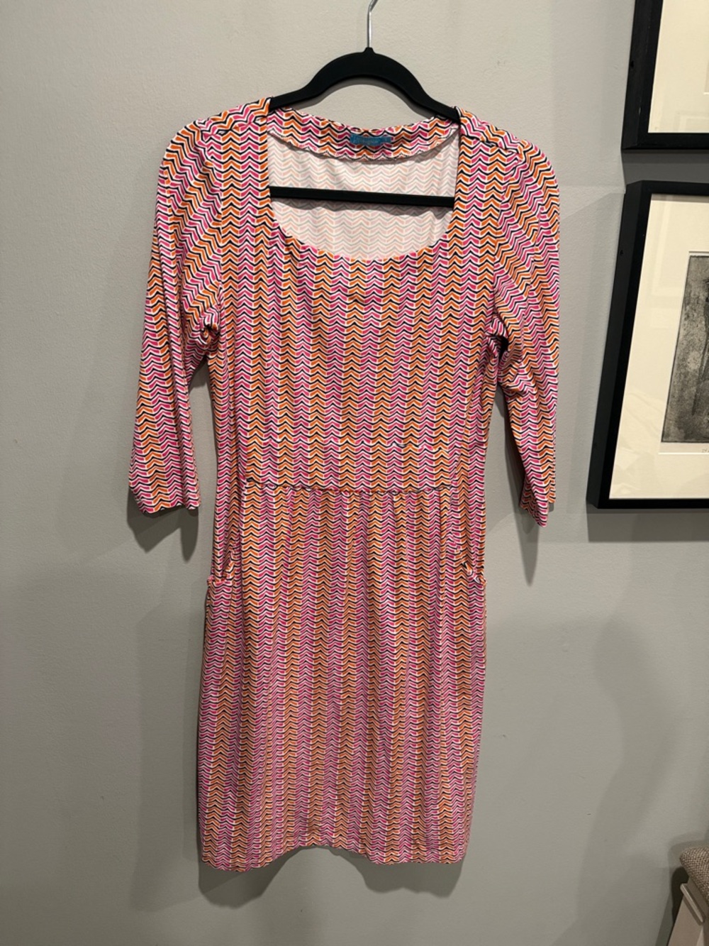 J. McLaughlin Pink Multicolor Chevron Long-Sleeve Scoop Dress